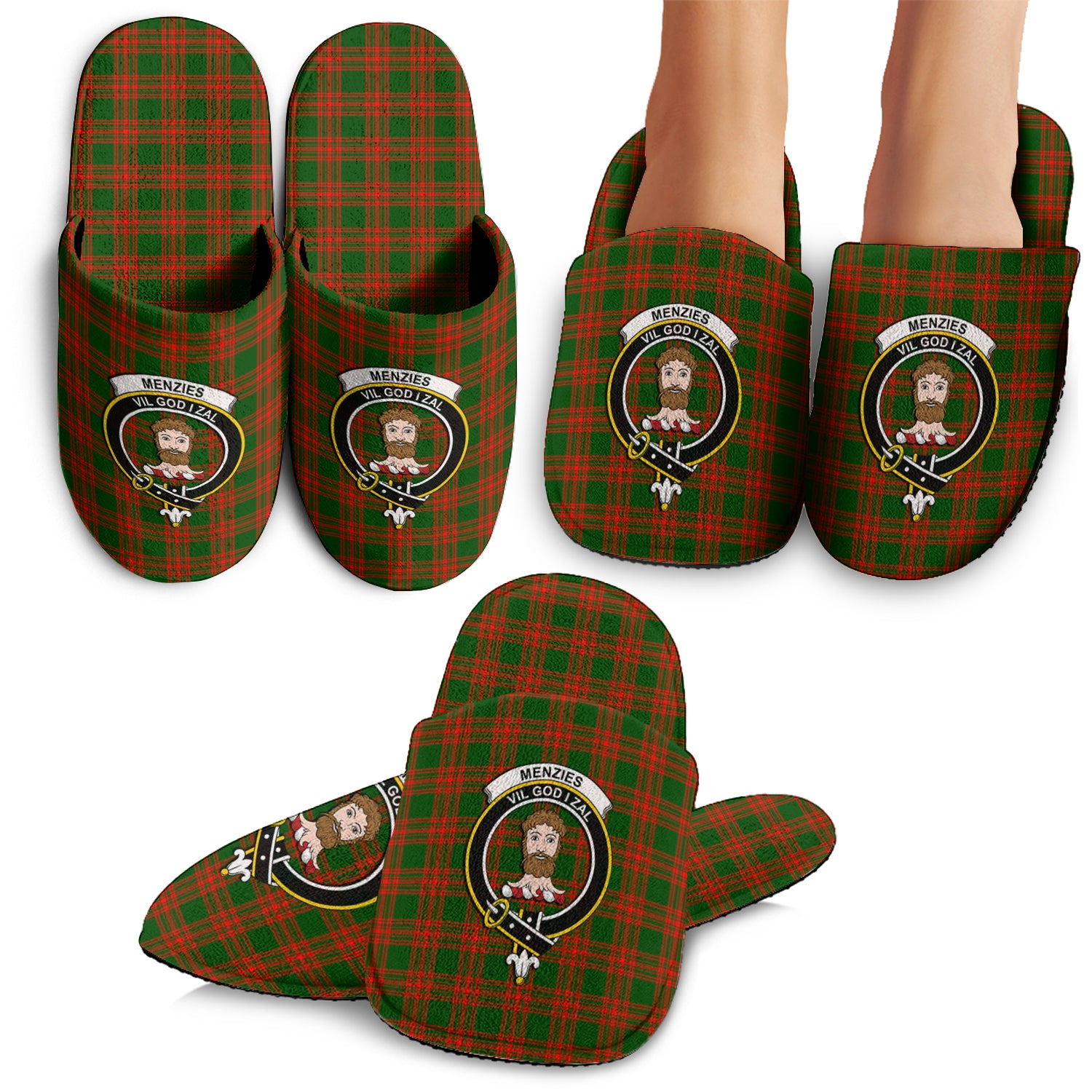 Menzies Green Modern Tartan Home Slippers with Family Crest - Tartanvibesclothing Shop