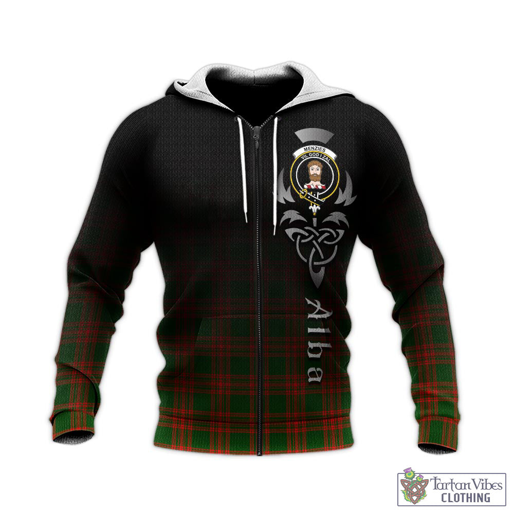 Tartan Vibes Clothing Menzies Green Modern Tartan Knitted Hoodie Featuring Alba Gu Brath Family Crest Celtic Inspired