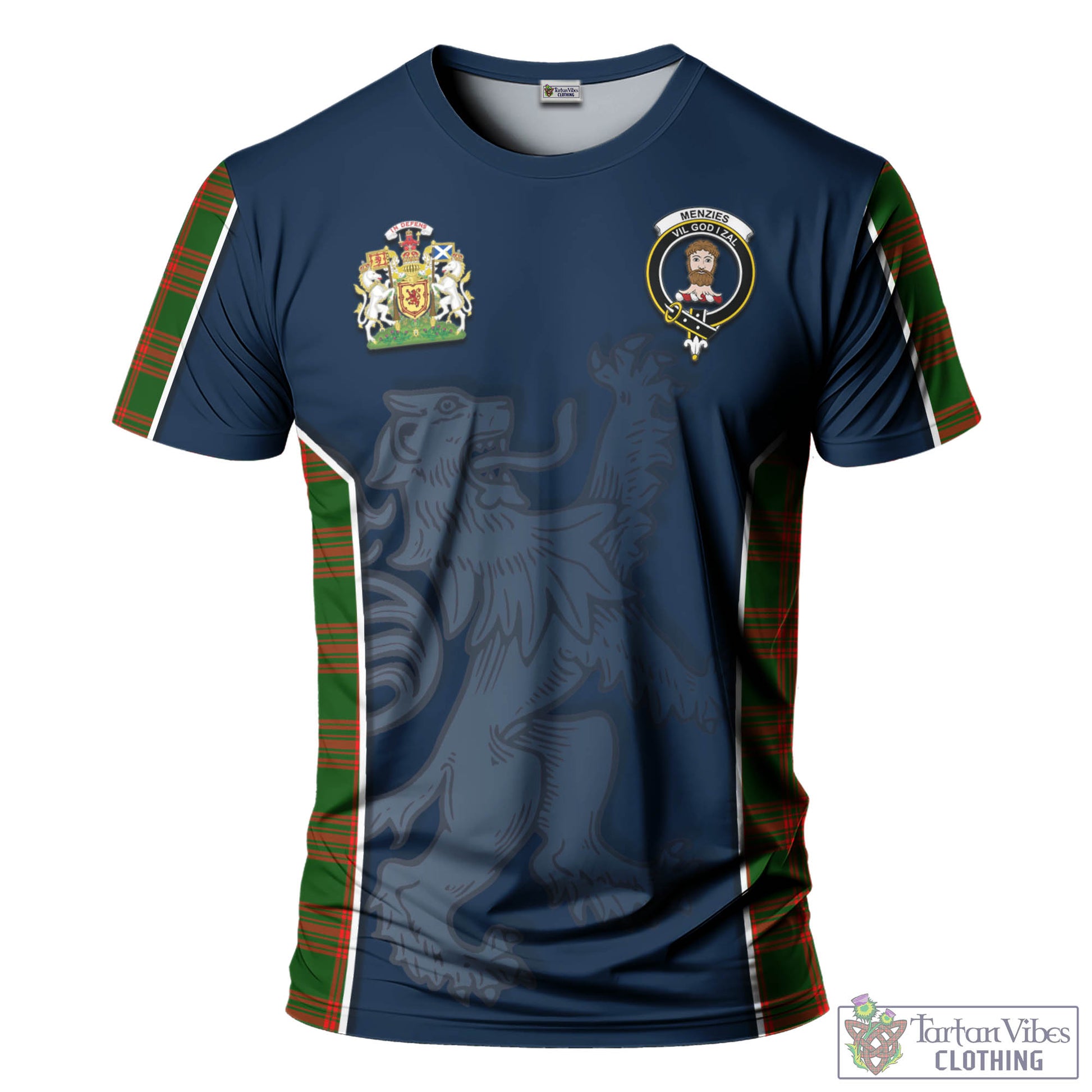 Tartan Vibes Clothing Menzies Green Modern Tartan T-Shirt with Family Crest and Lion Rampant Vibes Sport Style