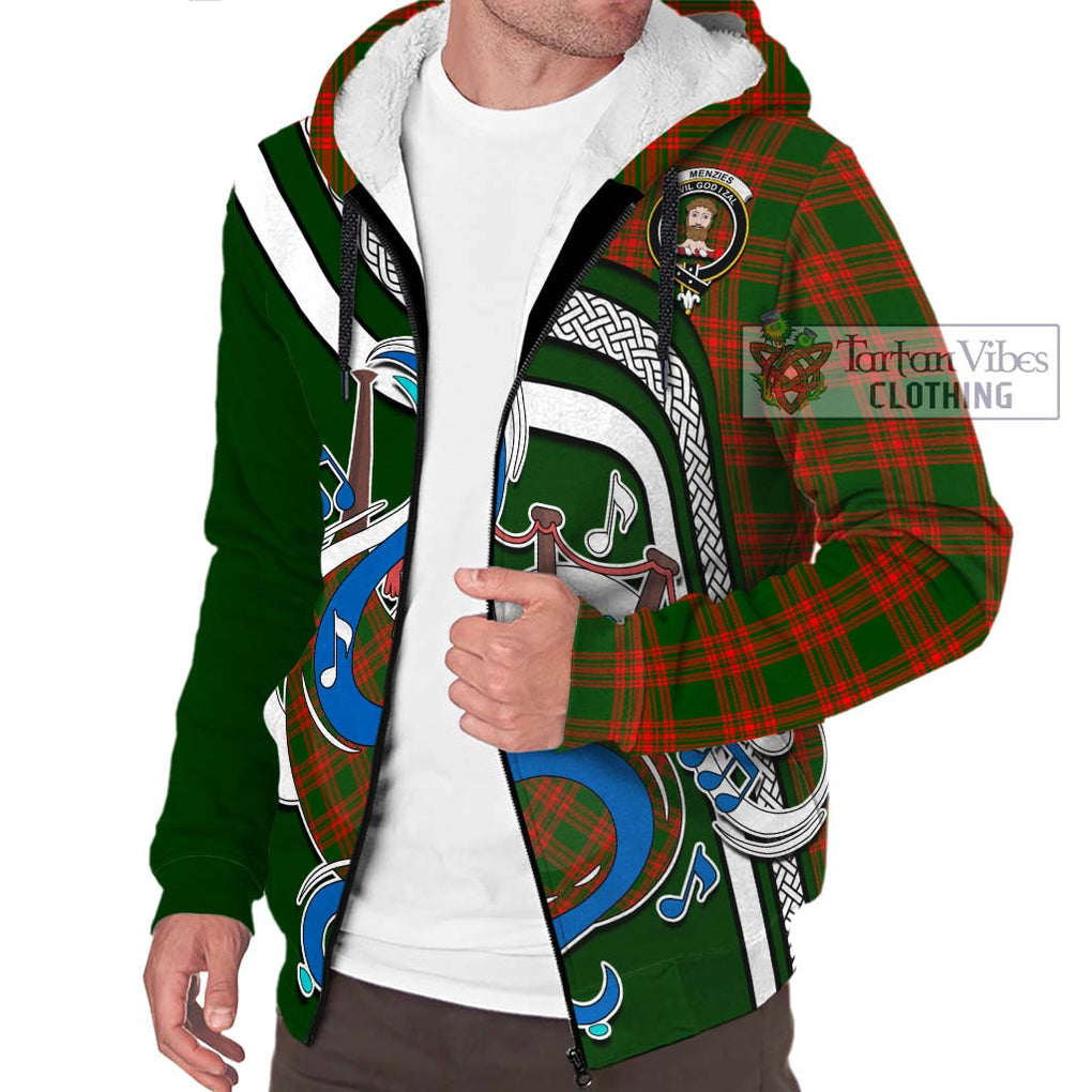 Menzies Green Modern Tartan Sherpa Hoodie with Epic Bagpipe Style Unisex - Tartanvibesclothing Shop