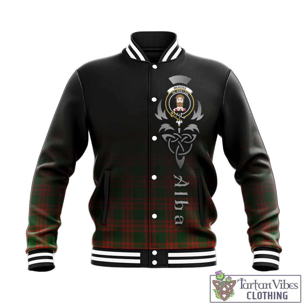 Tartan Vibes Clothing Menzies Green Modern Tartan Baseball Jacket Featuring Alba Gu Brath Family Crest Celtic Inspired