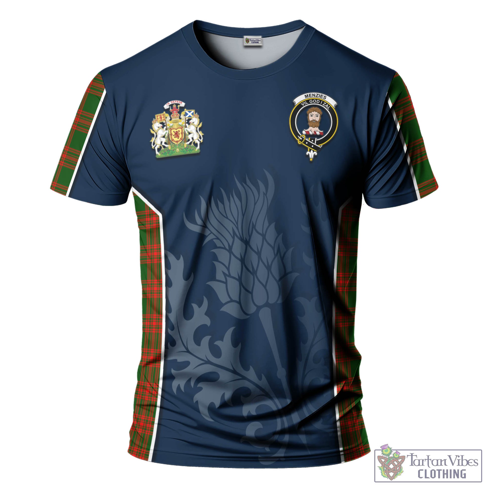 Tartan Vibes Clothing Menzies Green Modern Tartan T-Shirt with Family Crest and Scottish Thistle Vibes Sport Style