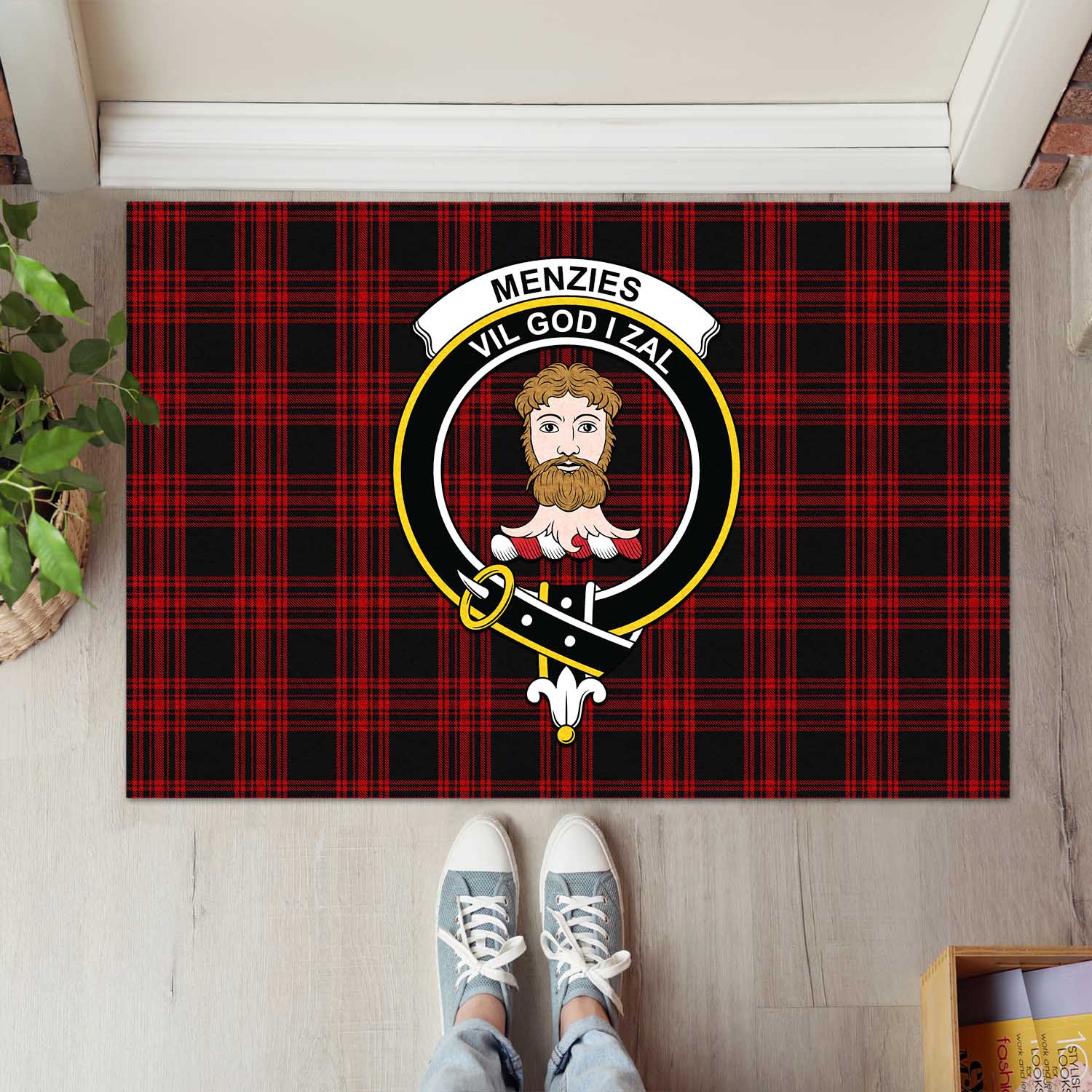 Menzies Hunting Tartan Door Mat with Family Crest - Tartanvibesclothing