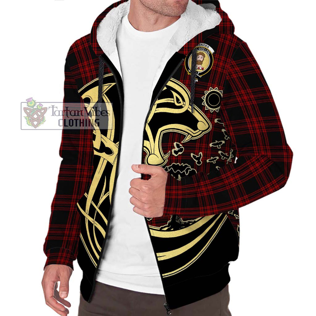 Menzies Hunting Tartan Sherpa Hoodie with Family Crest Celtic Wolf Style Unisex S - Tartan Vibes Clothing