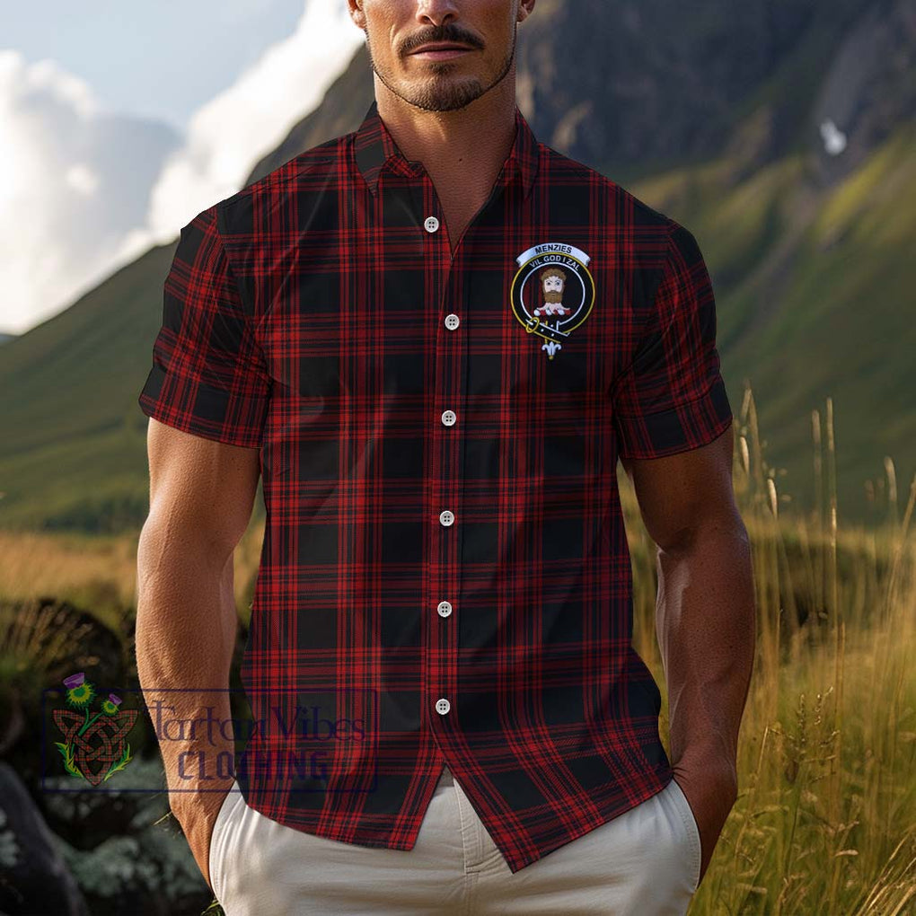 Menzies Hunting Tartan Cotton Hawaiian Shirt with Family Crest Adult - Tartan Vibes Clothing