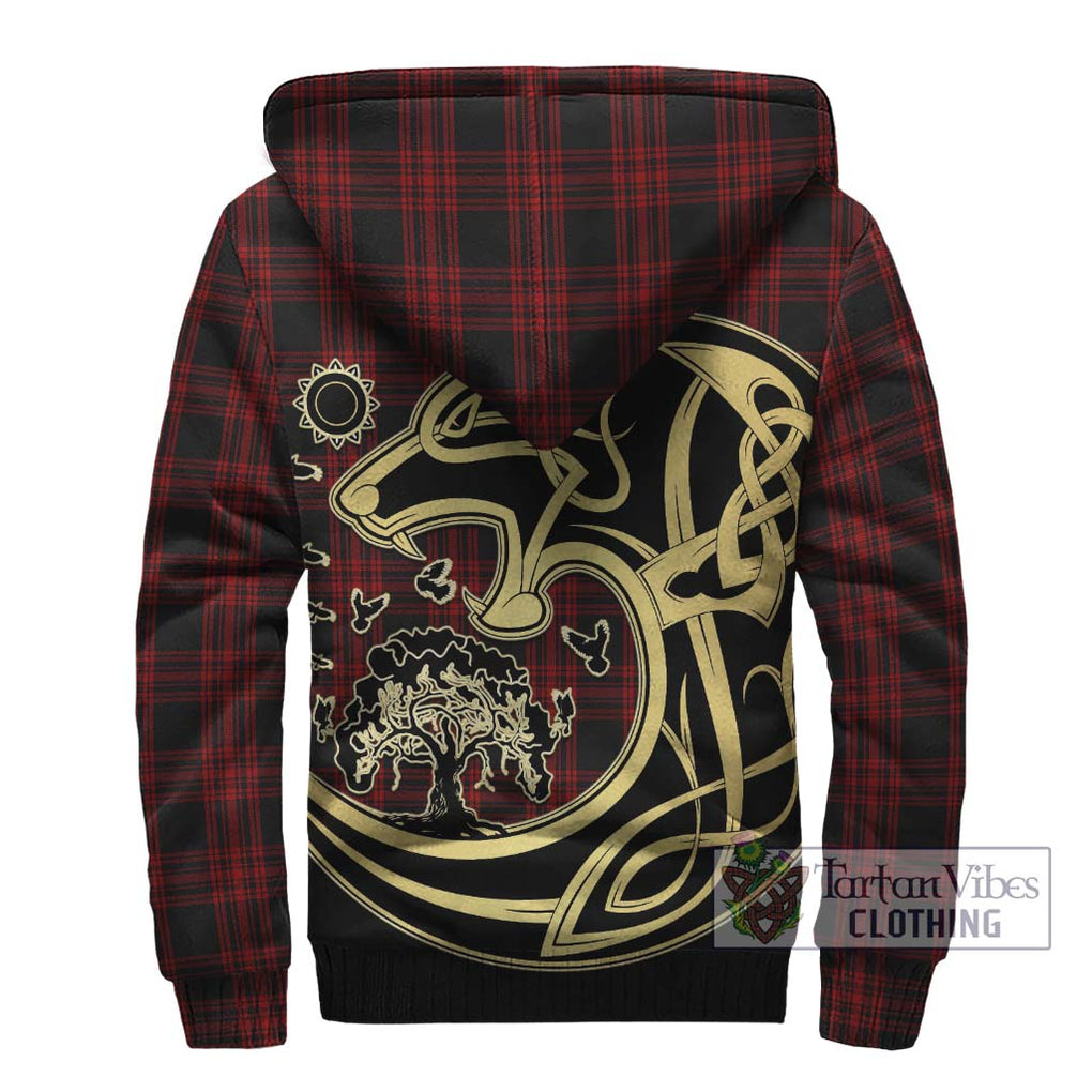 Menzies Hunting Tartan Sherpa Hoodie with Family Crest Celtic Wolf Style - Tartan Vibes Clothing