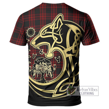 Menzies Hunting Tartan T-Shirt with Family Crest Celtic Wolf Style