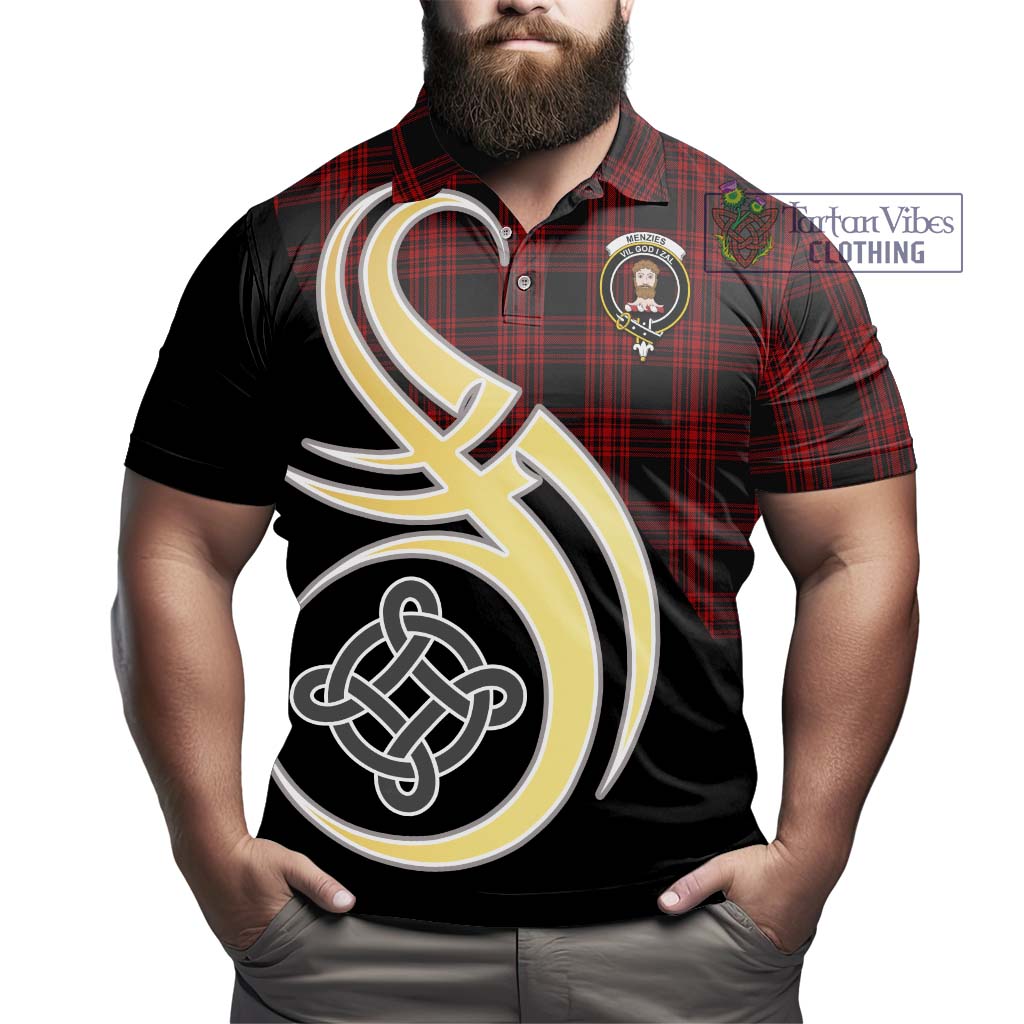 Tartan Vibes Clothing Menzies Hunting Tartan Polo Shirt with Family Crest and Celtic Symbol Style