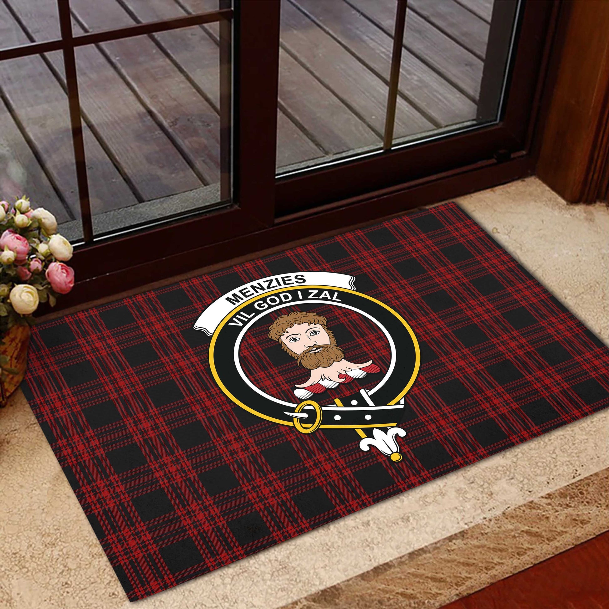 Menzies Hunting Tartan Door Mat with Family Crest - Tartanvibesclothing