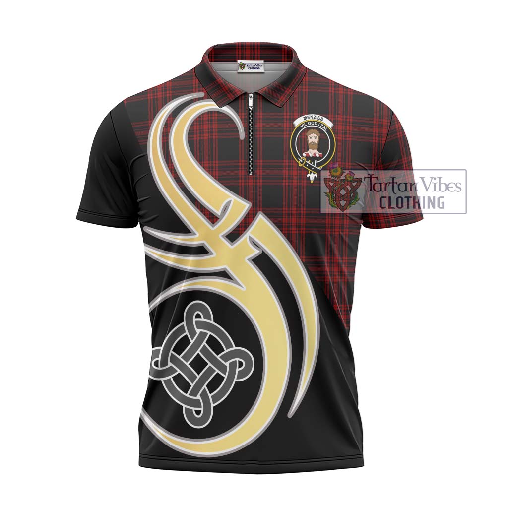 Tartan Vibes Clothing Menzies Hunting Tartan Zipper Polo Shirt with Family Crest and Celtic Symbol Style