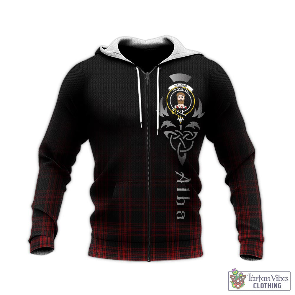 Tartan Vibes Clothing Menzies Hunting Tartan Knitted Hoodie Featuring Alba Gu Brath Family Crest Celtic Inspired