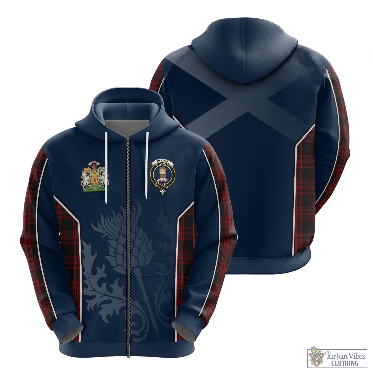 Tartan Vibes Clothing Menzies Hunting Tartan Hoodie with Family Crest and Scottish Thistle Vibes Sport Style