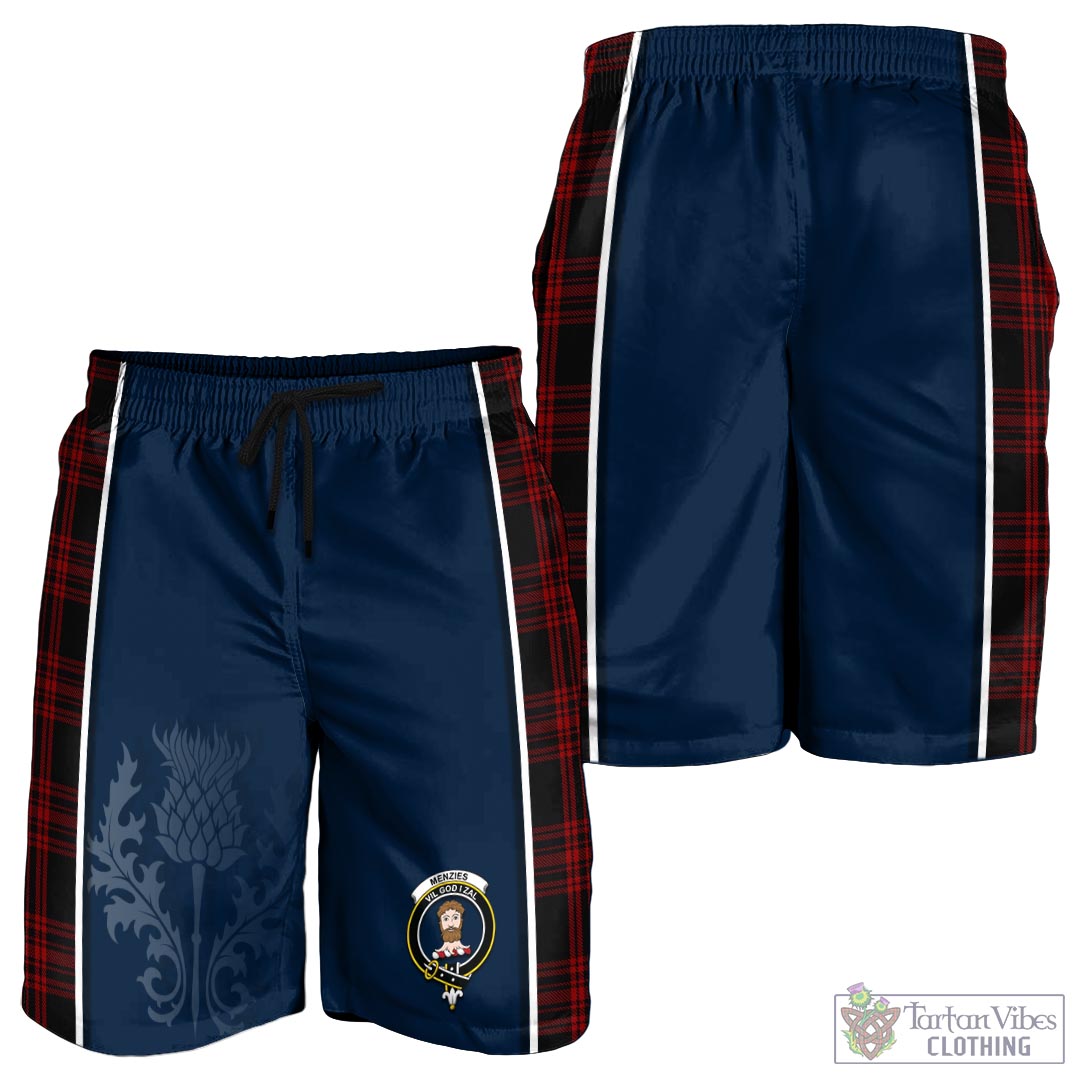 Tartan Vibes Clothing Menzies Hunting Tartan Men's Shorts with Family Crest and Scottish Thistle Vibes Sport Style