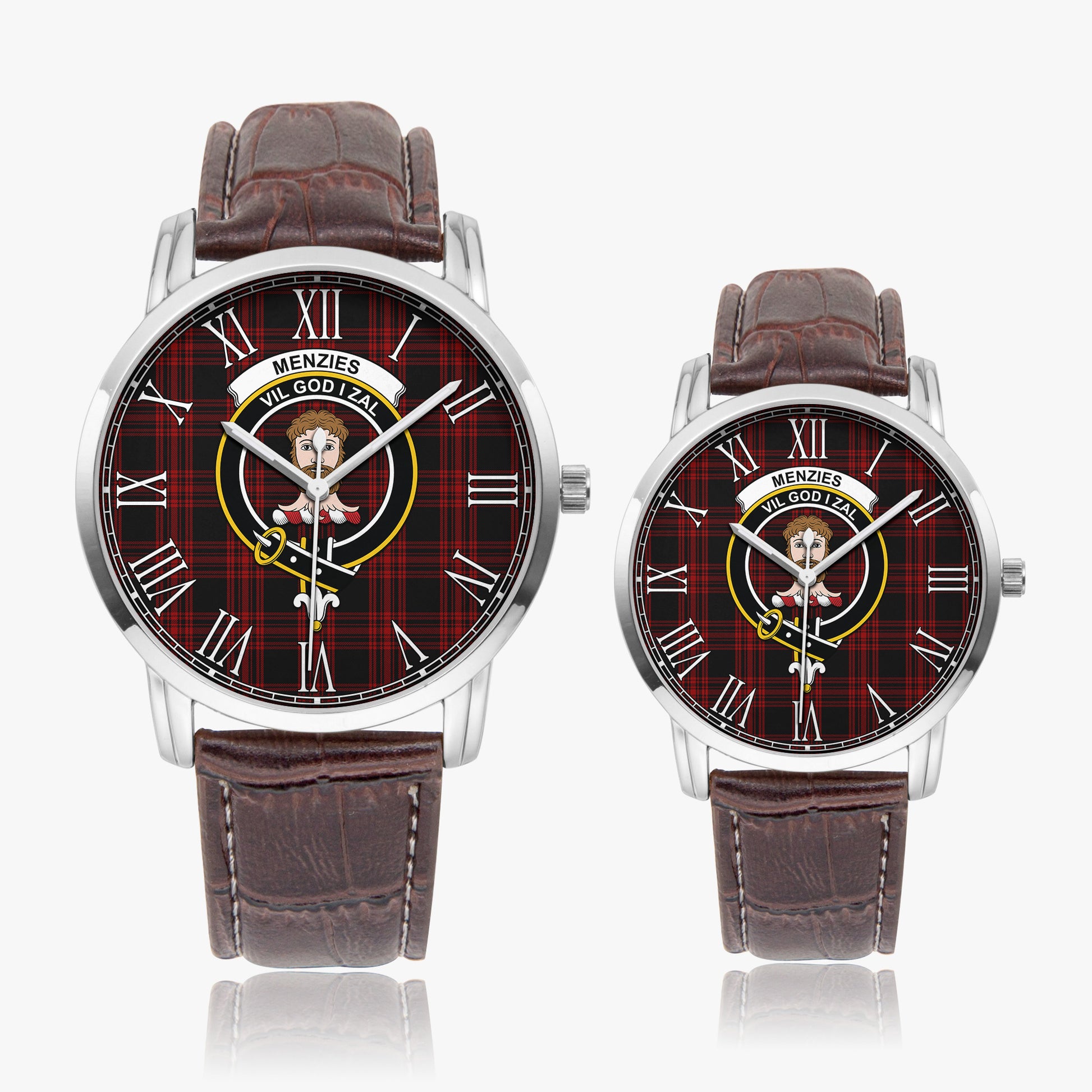 Menzies Hunting Tartan Family Crest Leather Strap Quartz Watch - Tartanvibesclothing