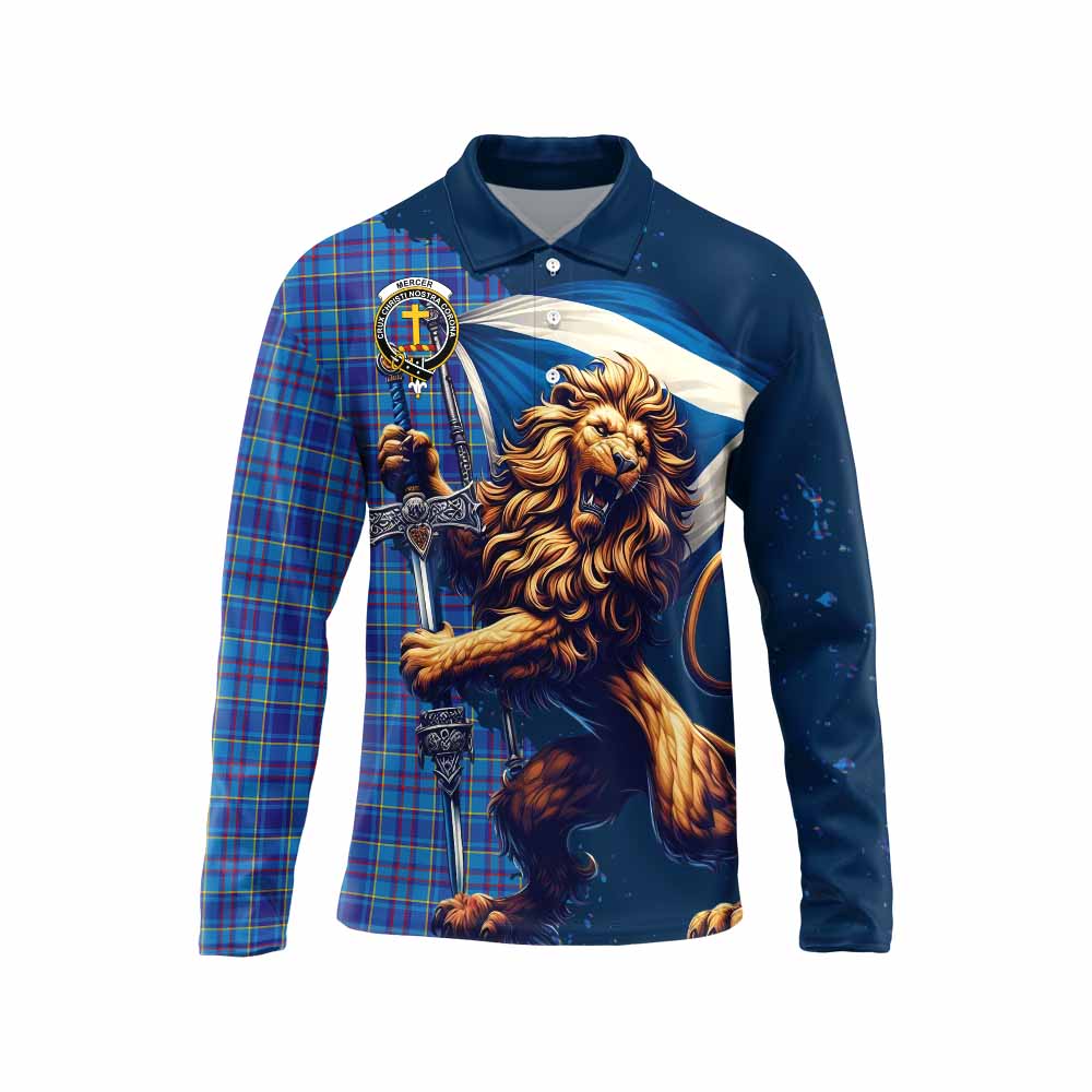 Tartan Vibes Clothing Mercer Tartan Family Crest Long Sleeve Polo Shirt with Scottish Majestic Lion