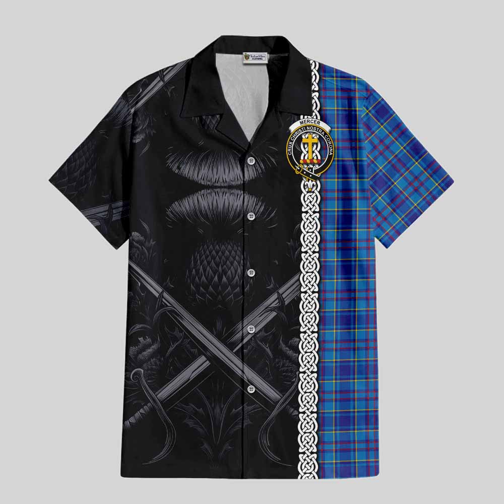 Tartan Vibes Clothing Mercer Tartan Short Sleeve Button Shirt with Family Crest Cross Sword Thistle Celtic Vibes