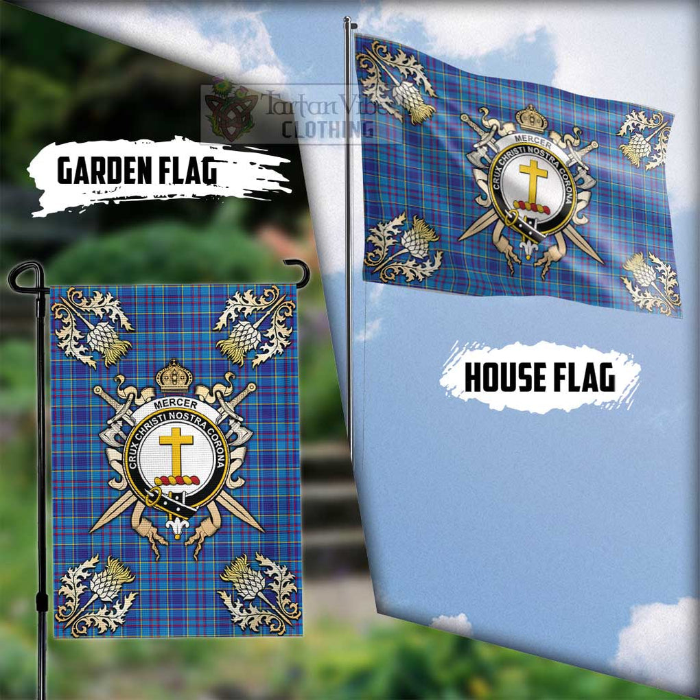 Tartan Vibes Clothing Mercer Tartan Flag with Family Crest and Golden Thistle Crossed Sword Design