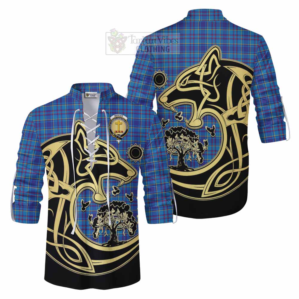 Tartan Vibes Clothing Mercer Tartan Ghillie Kilt Shirt with Family Crest Celtic Wolf Style