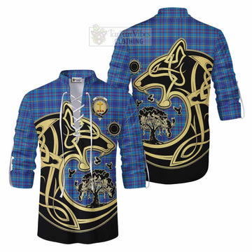 Mercer Tartan Ghillie Kilt Shirt with Family Crest Celtic Wolf Style