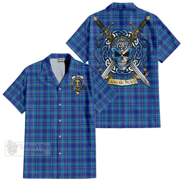 Mercer Tartan Short Sleeve Button Shirt with Family Crest Celtic Skull Style