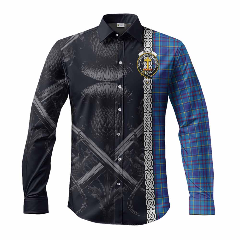 Tartan Vibes Clothing Mercer Tartan Long Sleeve Button Shirt with Family Crest Cross Sword Thistle Celtic Vibes