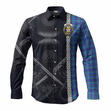 Mercer Tartan Long Sleeve Button Shirt with Family Crest Cross Sword Thistle Celtic Vibes