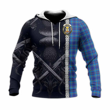 Mercer Tartan Knitted Hoodie with Family Crest Cross Sword Thistle Celtic Vibes