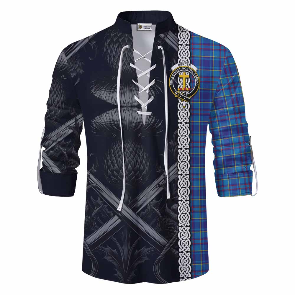 Tartan Vibes Clothing Mercer Tartan Ghillie Kilt Shirt with Family Crest Cross Sword Thistle Celtic Vibes