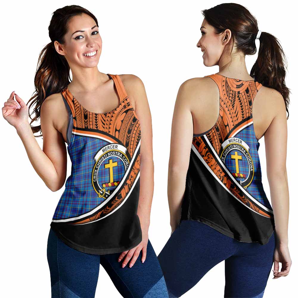 Tartan Vibes Clothing Mercer Crest Tartan Women's Racerback Tanks with Maori Tattoo Style - Orange Version