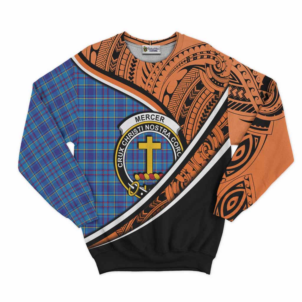 Tartan Vibes Clothing Mercer Crest Tartan Sweatshirt with Maori Tattoo Style - Orange Version