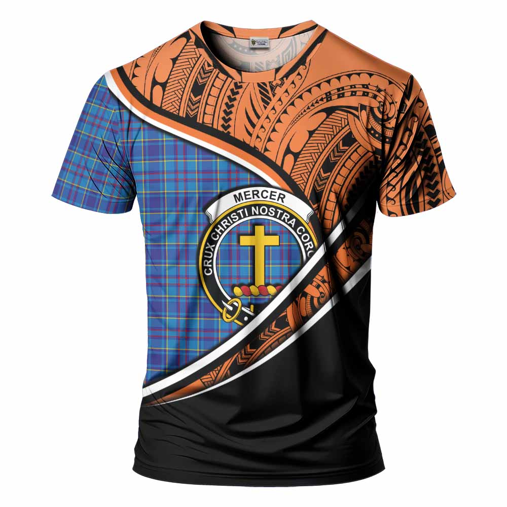 Tartan Vibes Clothing Mercer Crest Tartan T-Shirt with Maori Tattoo Style - Orange Version