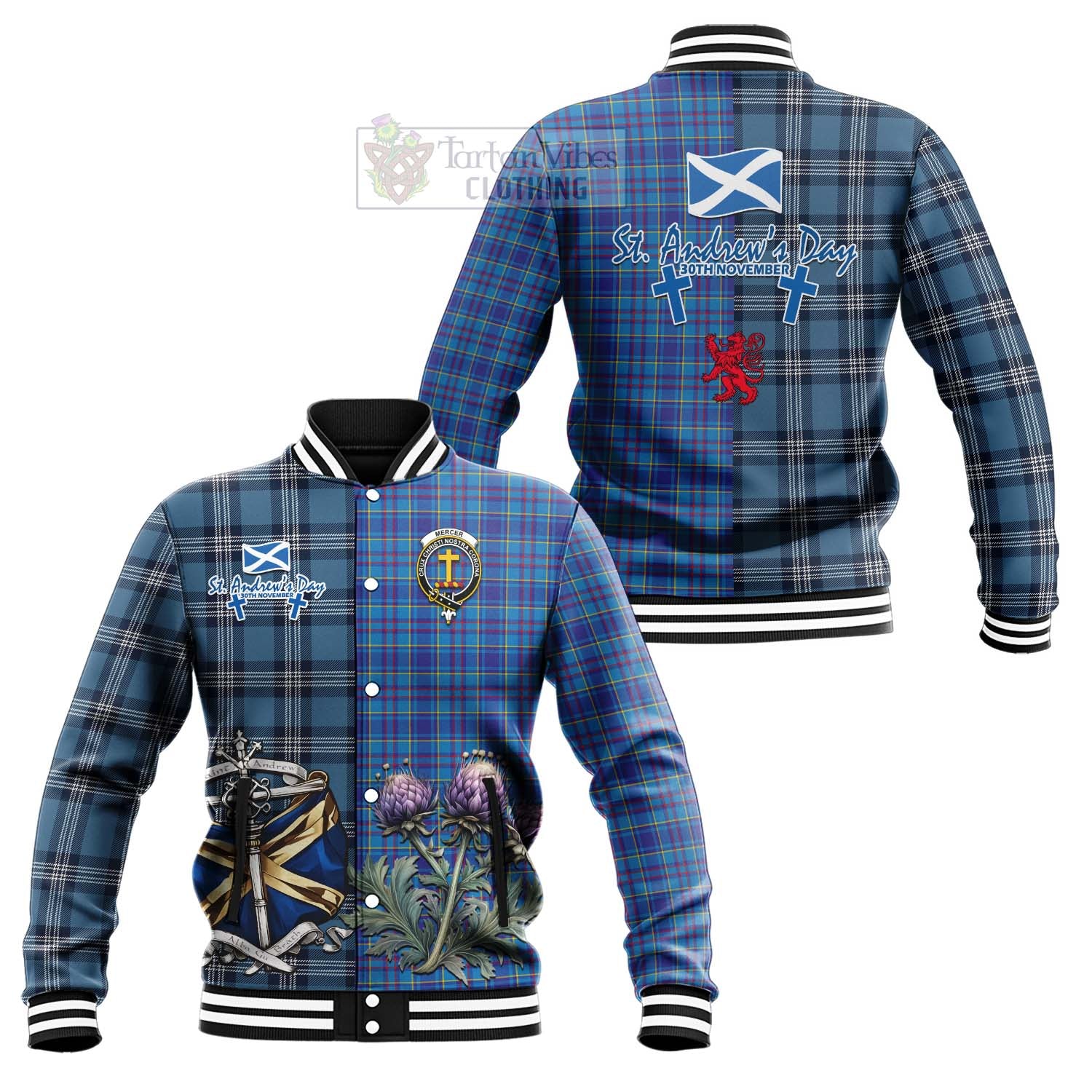 Tartan Vibes Clothing Mercer Tartan Baseball Jacket Happy St. Andrew's Day Half Tartan Style