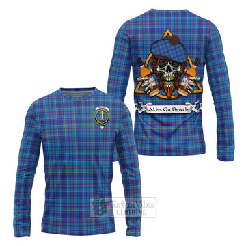 Mercer Tartan Long Sleeve T-Shirt with Family Crest and Bearded Skull Holding Bottles of Whiskey