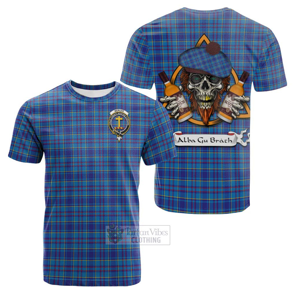 Tartan Vibes Clothing Mercer Tartan Cotton T-shirt with Family Crest and Bearded Skull Holding Bottles of Whiskey