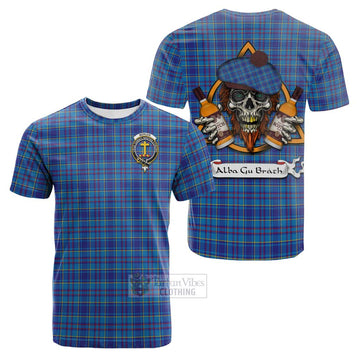 Mercer Tartan Cotton T-shirt with Family Crest and Bearded Skull Holding Bottles of Whiskey