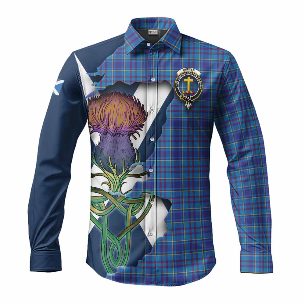 Mercer Tartan Family Crest Long Sleeve Button Shirt Scottish Thistle Celtic Inspired Men's Shirt S - Tartan Vibes Clothing