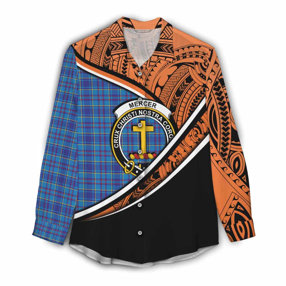 Tartan Vibes Clothing Mercer Crest Tartan Women's Casual Shirt with Maori Tattoo Style - Orange Version