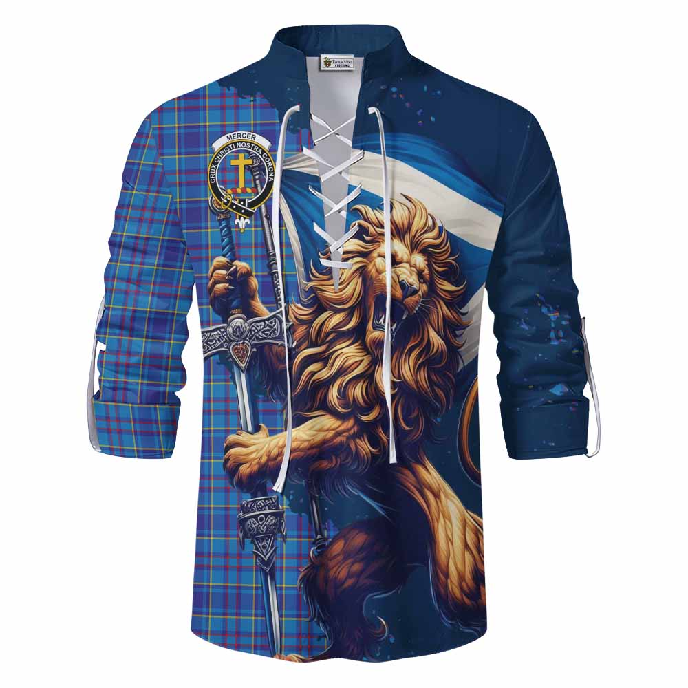 Tartan Vibes Clothing Mercer Tartan Family Crest Ghillie Kilt Shirt with Scottish Majestic Lion