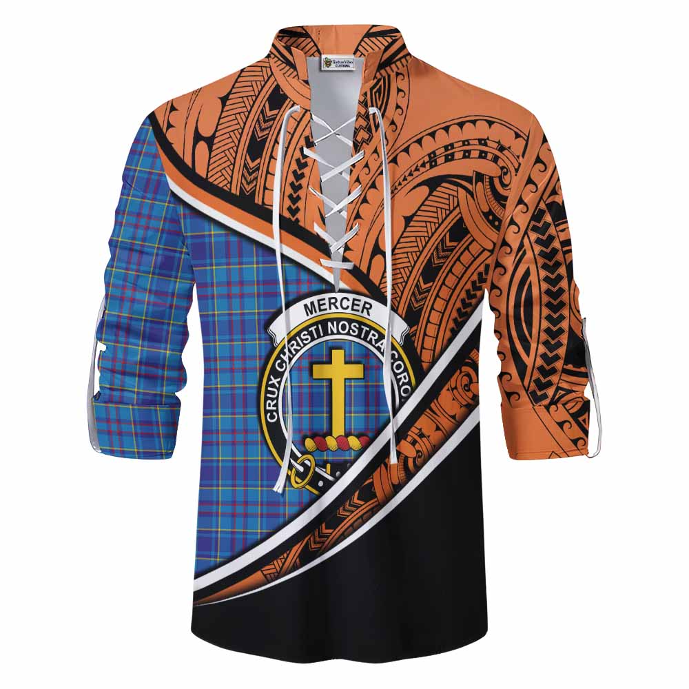 Tartan Vibes Clothing Mercer Crest Tartan Ghillie Kilt Shirt with Maori Tattoo Style - Orange Version