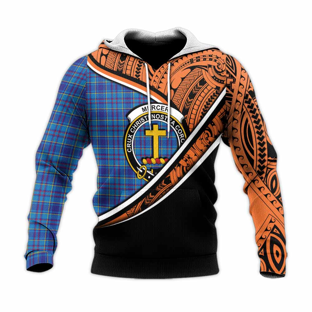 Tartan Vibes Clothing Mercer Crest Tartan Knitted Hoodie with Maori Tattoo Style - Orange Version