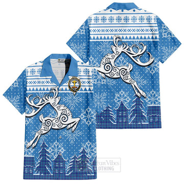 Mercer Clan Christmas Short Sleeve Button Shirt Celtic Reindeer Style