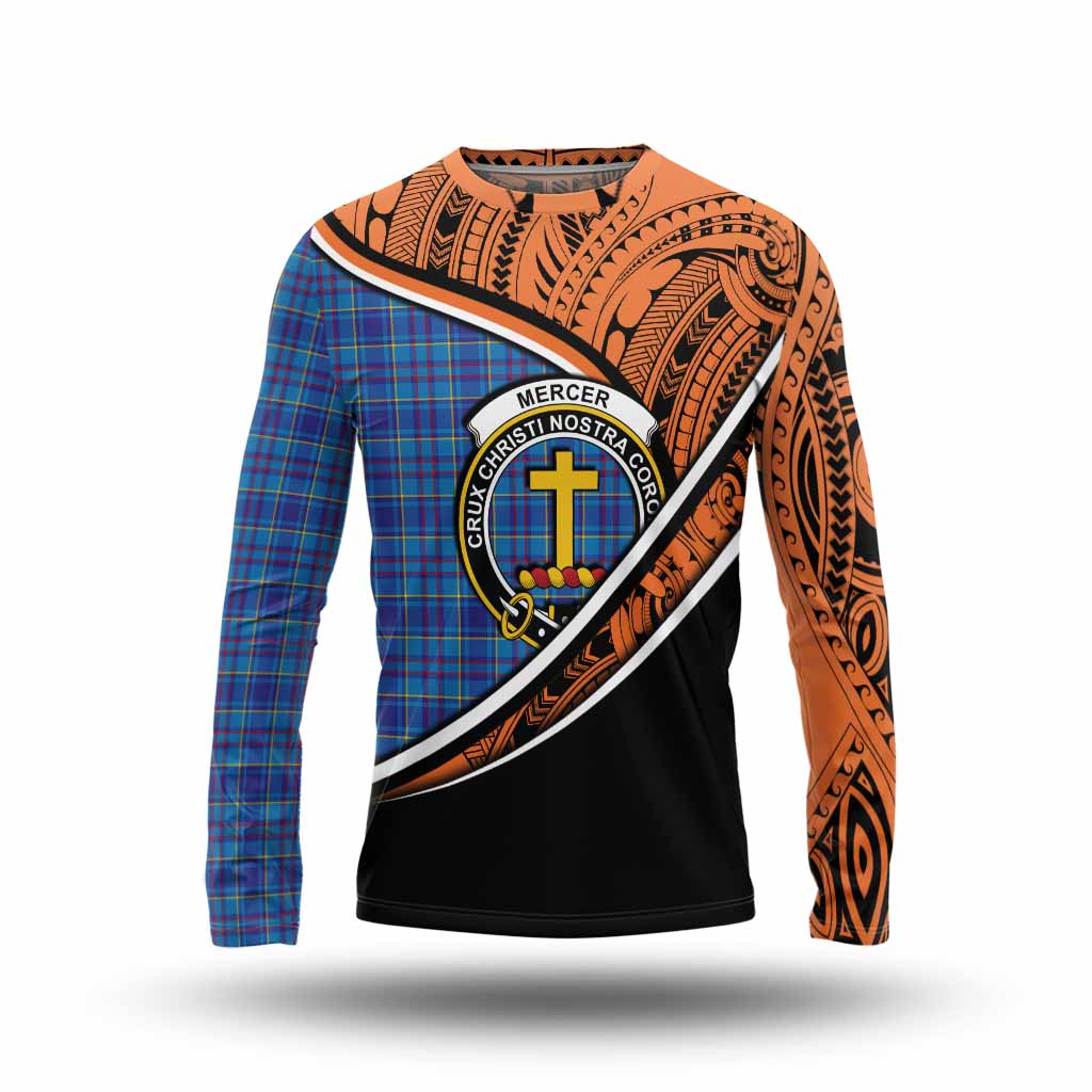 Tartan Vibes Clothing Mercer Crest Tartan Long Sleeve T-Shirt with Maori Tattoo Style - Orange Version