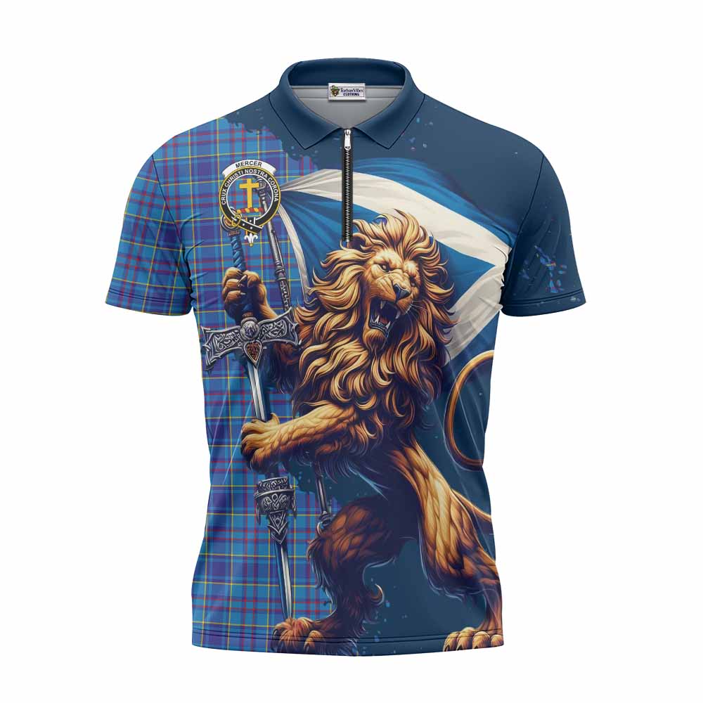 Tartan Vibes Clothing Mercer Tartan Family Crest Zipper Polo Shirt with Scottish Majestic Lion