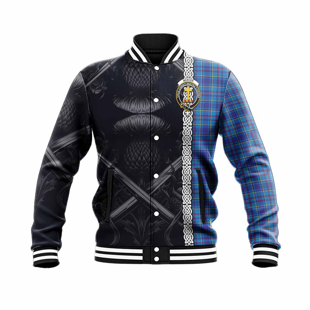 Tartan Vibes Clothing Mercer Tartan Baseball Jacket with Family Crest Cross Sword Thistle Celtic Vibes