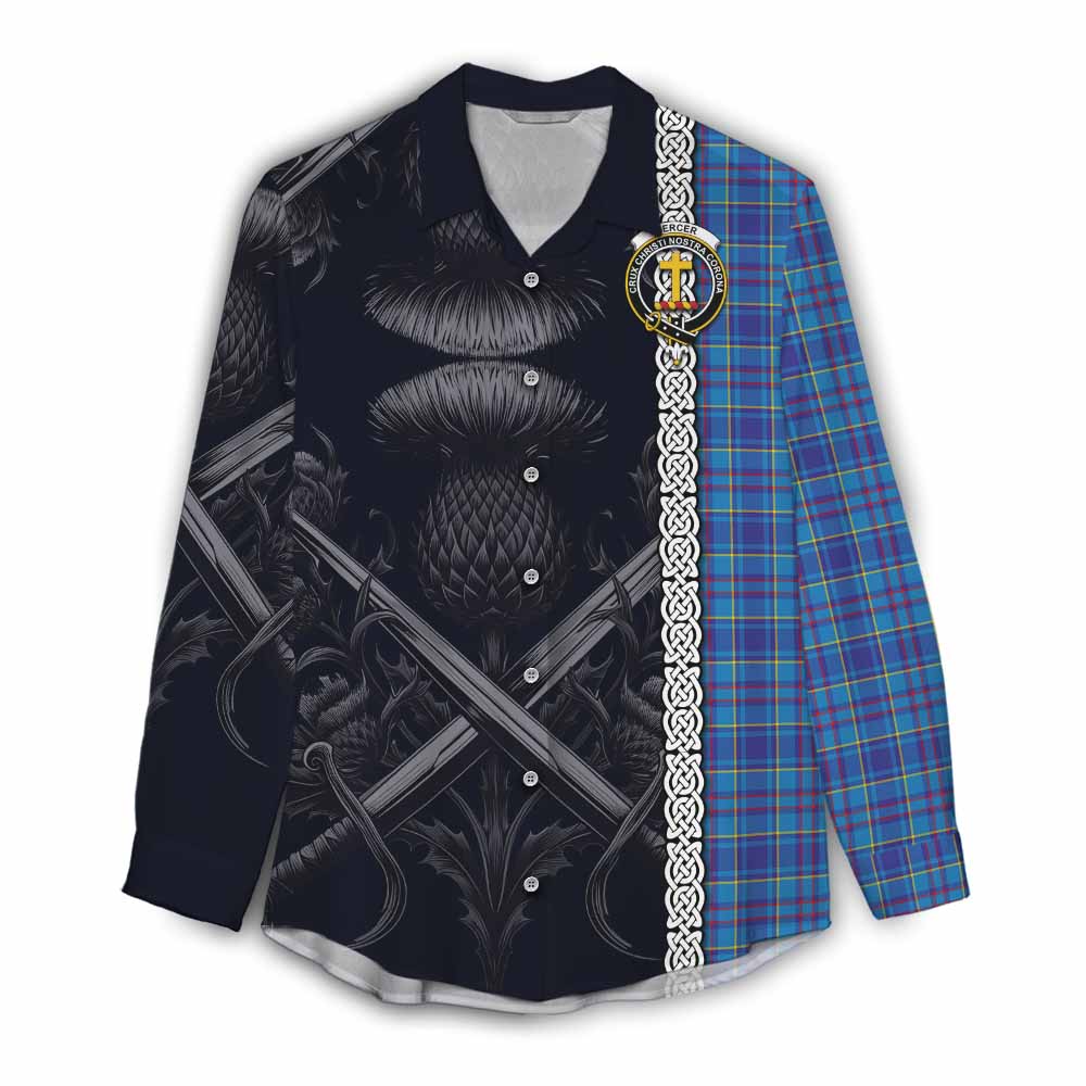 Tartan Vibes Clothing Mercer Tartan Women's Casual Shirt with Family Crest Cross Sword Thistle Celtic Vibes