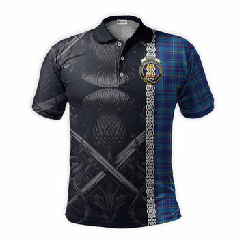 Mercer Tartan Polo Shirt with Family Crest Cross Sword Thistle Celtic Vibes