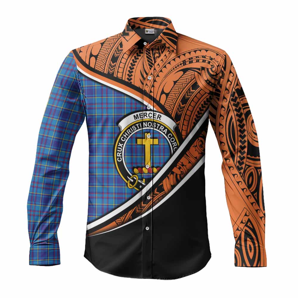 Tartan Vibes Clothing Mercer Crest Tartan Long Sleeve Button Shirt with Maori Tattoo Style - Orange Version