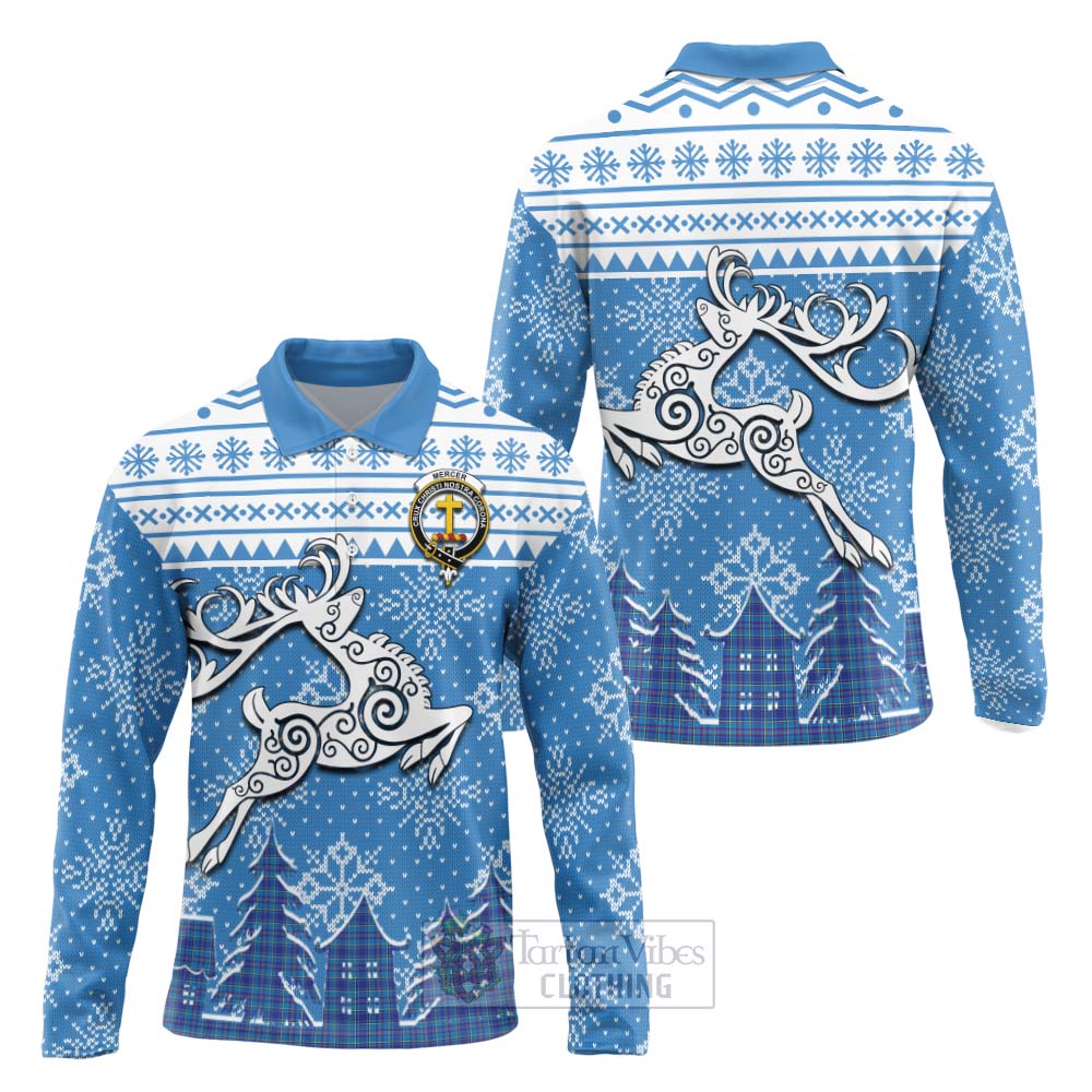 Tartan Vibes Clothing Mercer Clan Christmas Long Sleeve Polo Shirt Celtic Reindeer Style