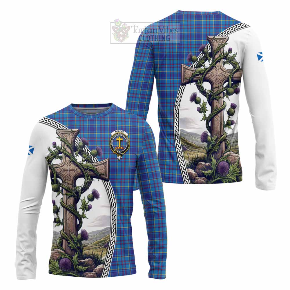 Tartan Vibes Clothing Mercer Tartan Long Sleeve T-Shirt with Family Crest and St. Andrew's Cross Accented by Thistle Vines