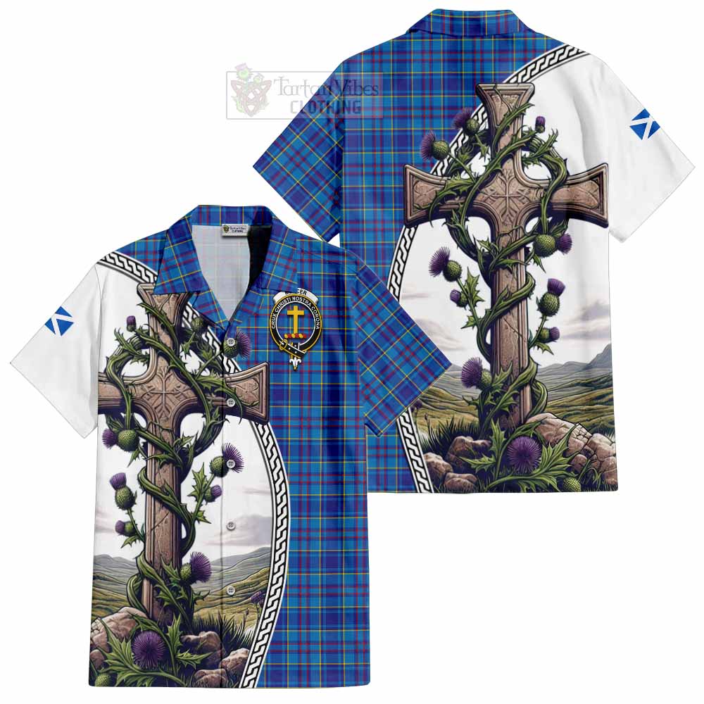 Tartan Vibes Clothing Mercer Tartan Short Sleeve Button Shirt with Family Crest and St. Andrew's Cross Accented by Thistle Vines